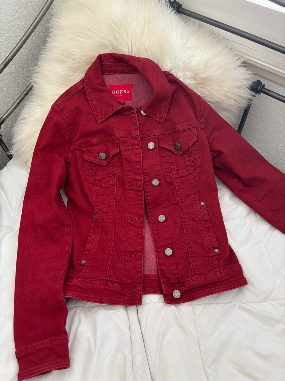 GUESS Women's Crimson Red Denim Jacket